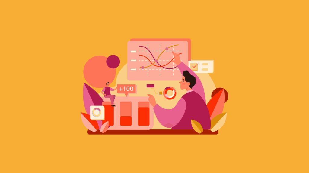 abstract illustration of business man analyzing financial charts on yellow background