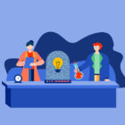 abstract illustration of man and woman scientist inventing electricity on blue background