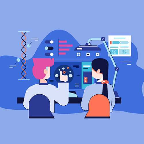 man and woman in front of computer screen designing software with blue background
