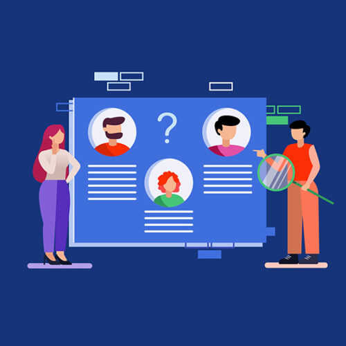 illustration of man and woman with organizational chart on blue background
