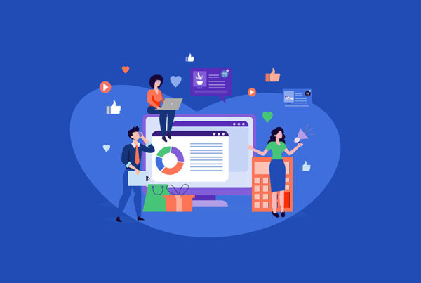 illustration of people typing on laptops and reviewing charts with blue background