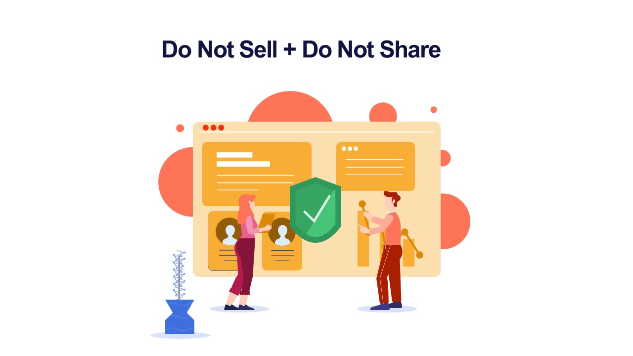 abstract illustration of two business people in front of a website with shield and the words CPRA - do not share, do not sell