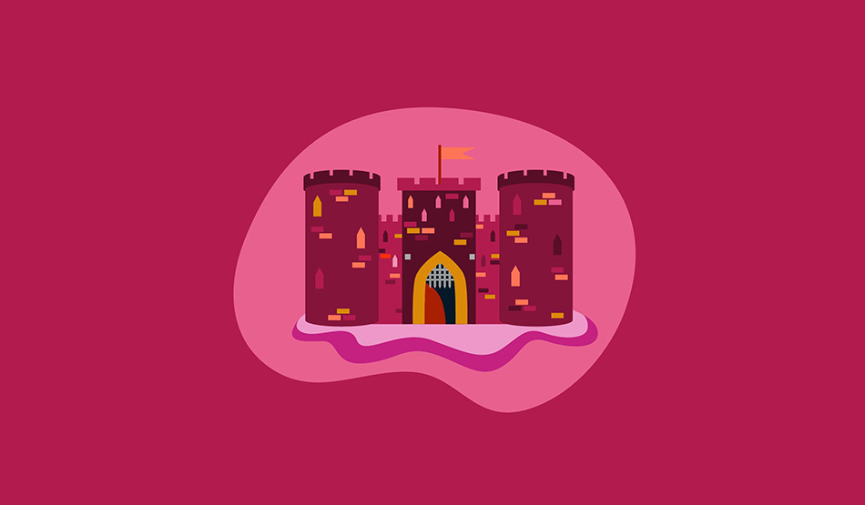 Abstract illustration of a castle with a moat in front of it on red background