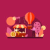 illustration of festival with balloon, stands on dark red background
