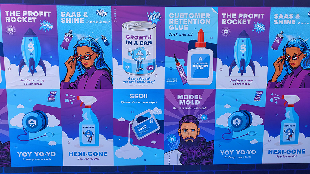 blue and purple ad wall