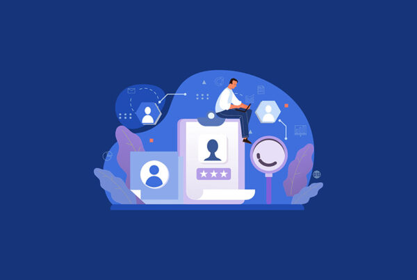 abstract illustration of business man with laptop sitting atop resume on blue background