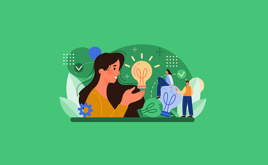 Abstract illustration of woman with light bulbs representing ideas on green background