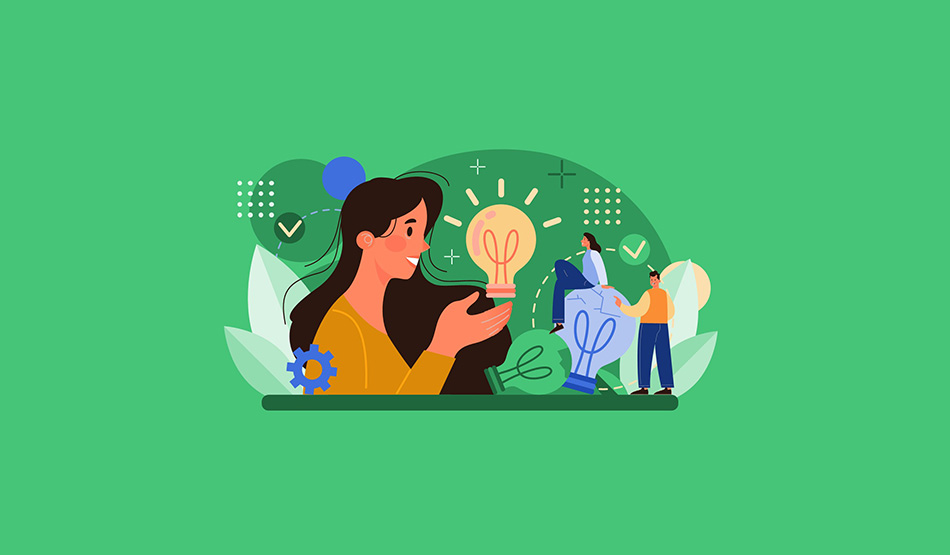 Abstract illustration of woman with light bulbs representing ideas on green background