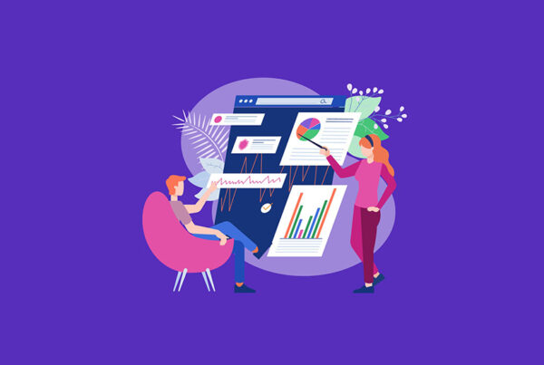 Abstract illustration of business people discussion marketing charts on purple background