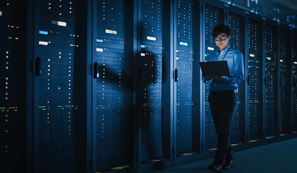 data center technician checking on premise software