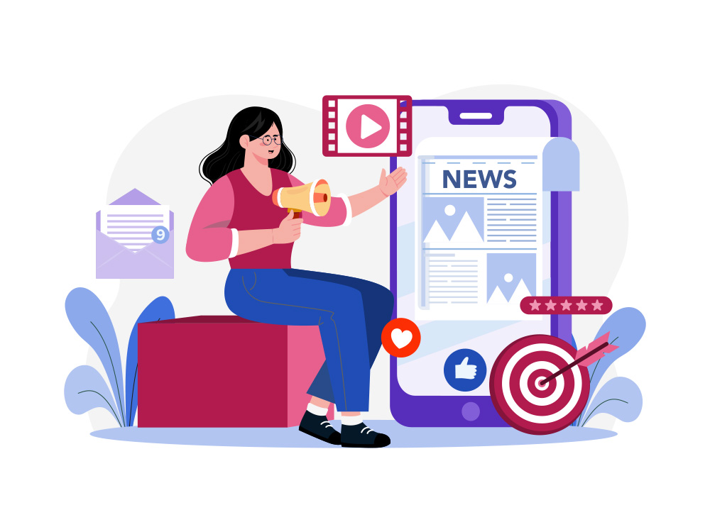 abstract illustration of public relations professional with smartphone showing news