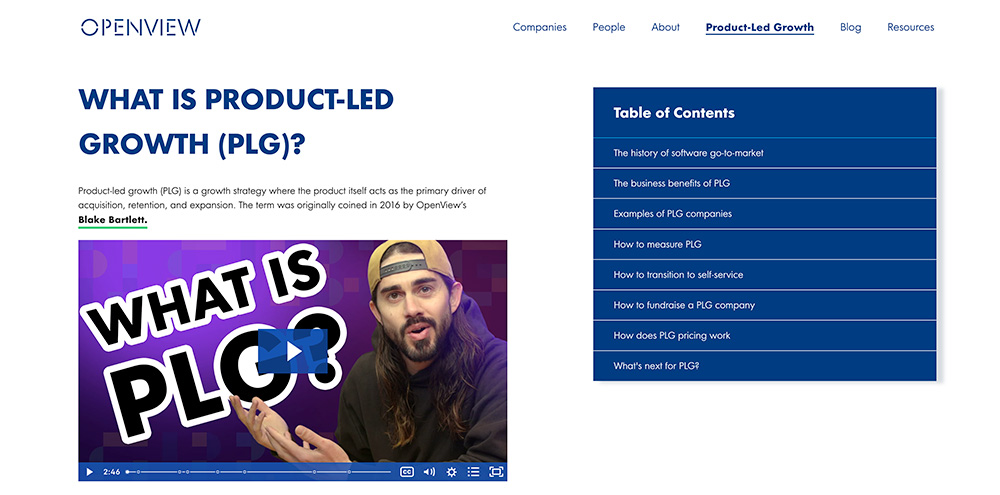 screenshot of website for product led growth guide with video thumbnail for PLG123