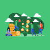 abstract illustration of venture capitalists growing a startup on green background