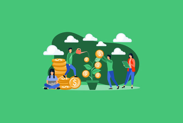 abstract illustration of venture capitalists growing a startup on green background