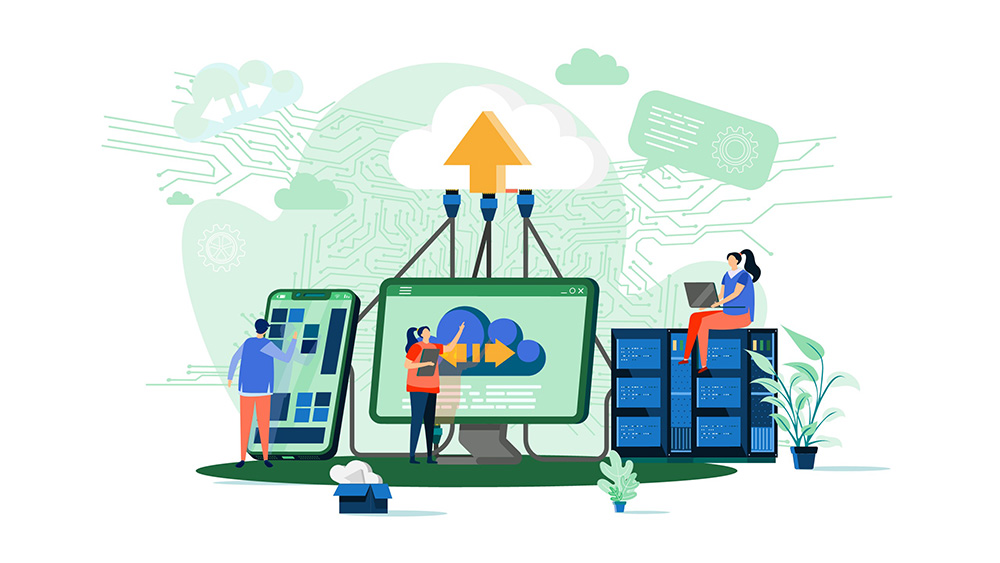 abstract illustration of engineers building a cloud computing environment