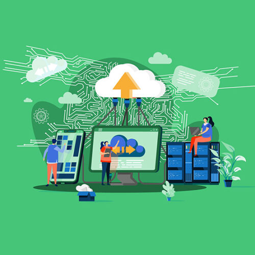 illustration of three engineers building a cloud computing platform on a green background