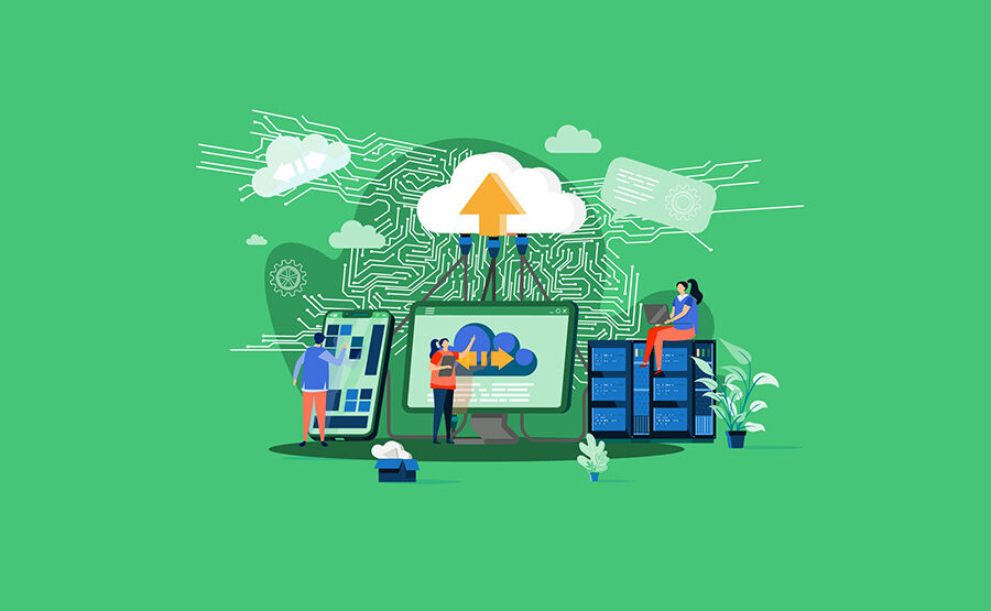 illustration of three engineers building a cloud computing platform on a green background