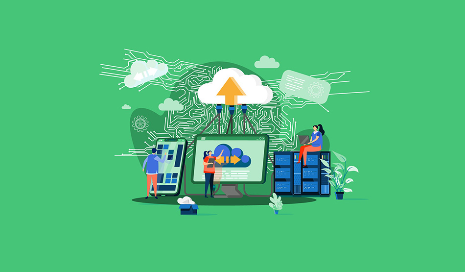 illustration of three engineers building a cloud computing platform on a green background