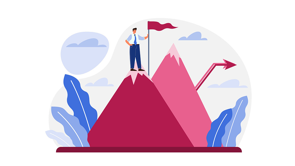illustration of a business person at the top of a mountain planting a flag