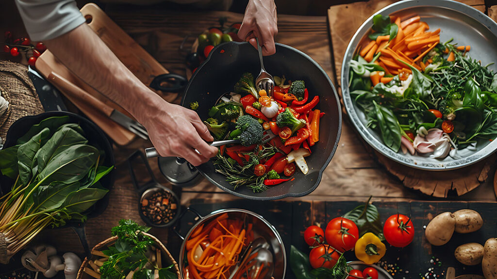 Aerial view of kitchen counter with an unidentified person mixing a colorful blend of vegetables in a small frying pan