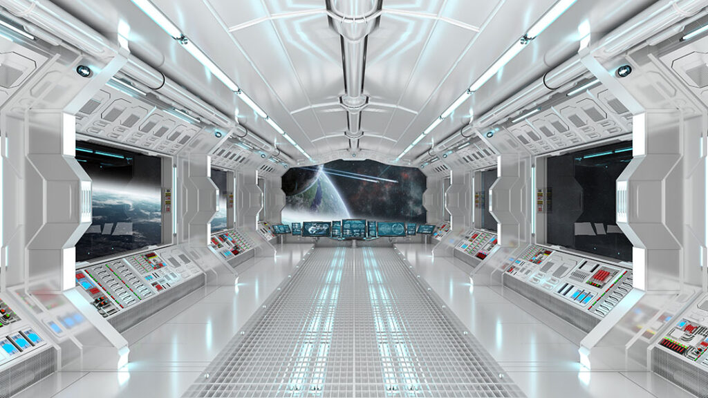 futuristic view of the interior of spaceship brightly lit with white floor, ceiling, and walls. Earth visible in the background from the large windows.