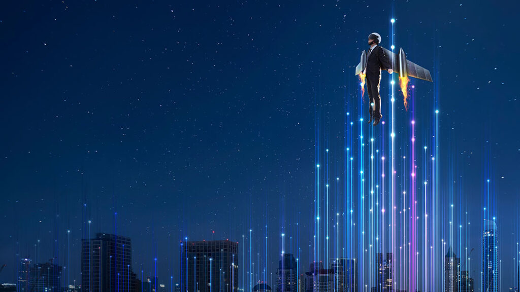 entrepreneur with jetpack soaring into dark night sky with bright blue and purple lights trailing him and the silhouette of a city skyline in the background