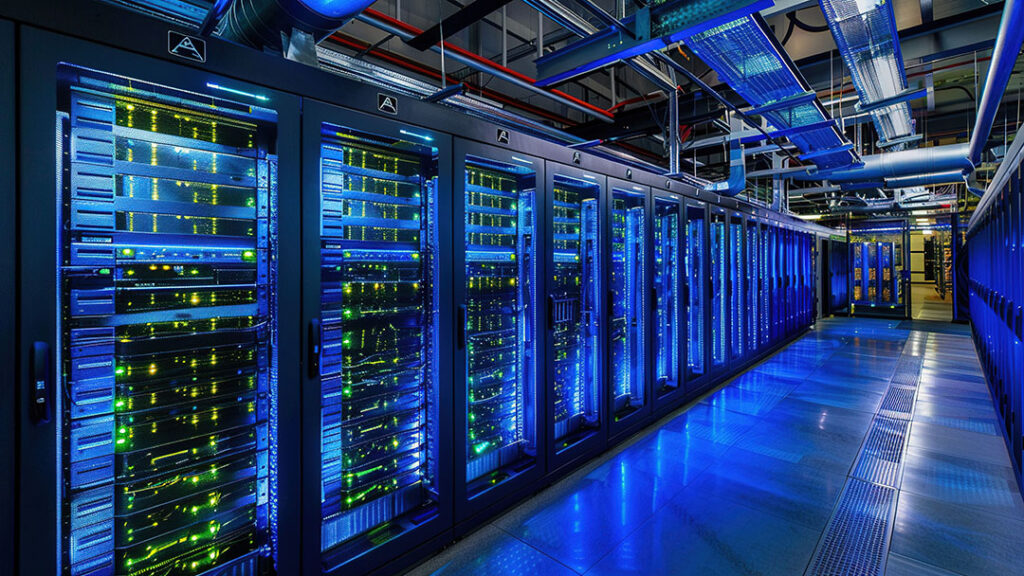 Row of server racks in an internet data center with blue accent lighting reflecting off the floor