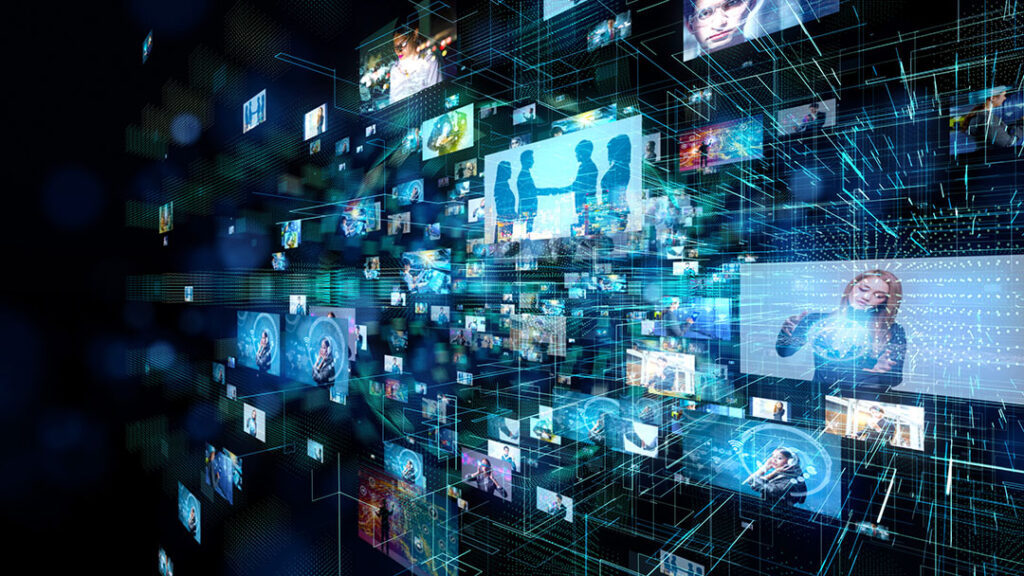 3D array of video images and photos emanating from the left of the screen and moving towards the right close up with a dark background