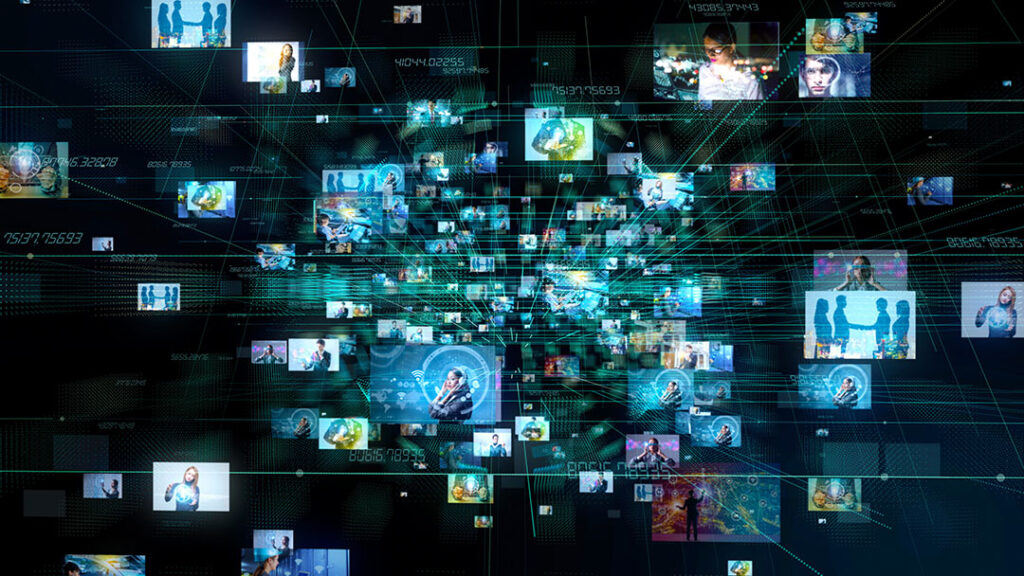 Abstract image of social network with dozens of different photographs of people emanating from the center