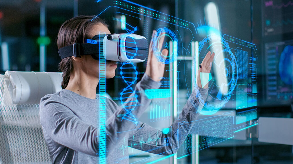 woman with virtual reality headset using hands to interact with holographic projection of dna strands in a brightly lit office setting
