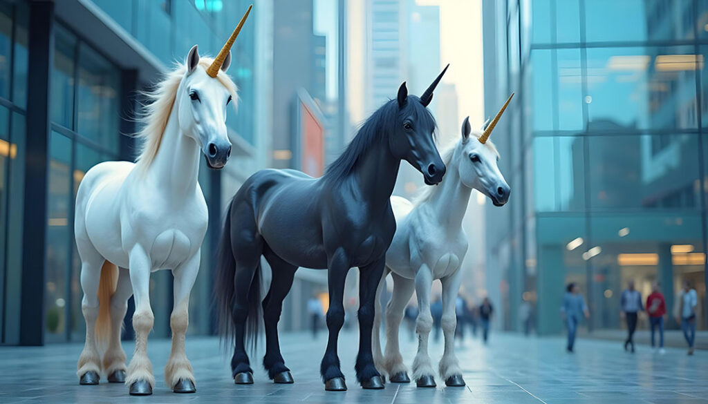 Unicorns standing in front of several office buildings in an urban metropolitan setting