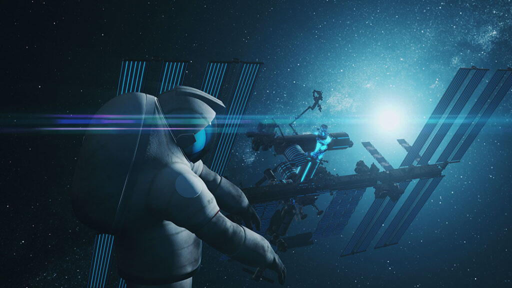 Image of astronaut space walking with a space station and star brightly shining in the background
