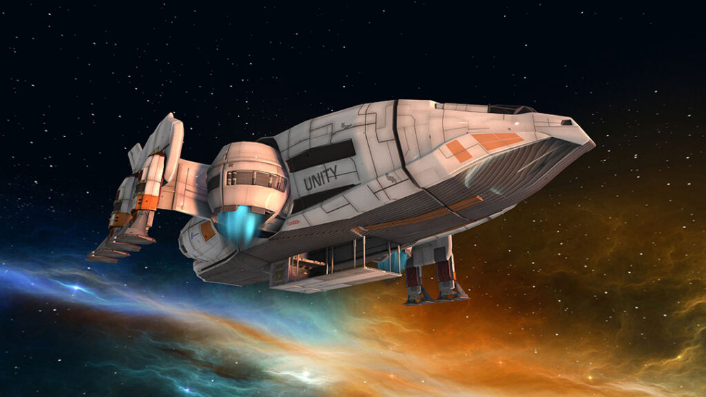 spaceship traveling between planets with a colorful nebula in the background