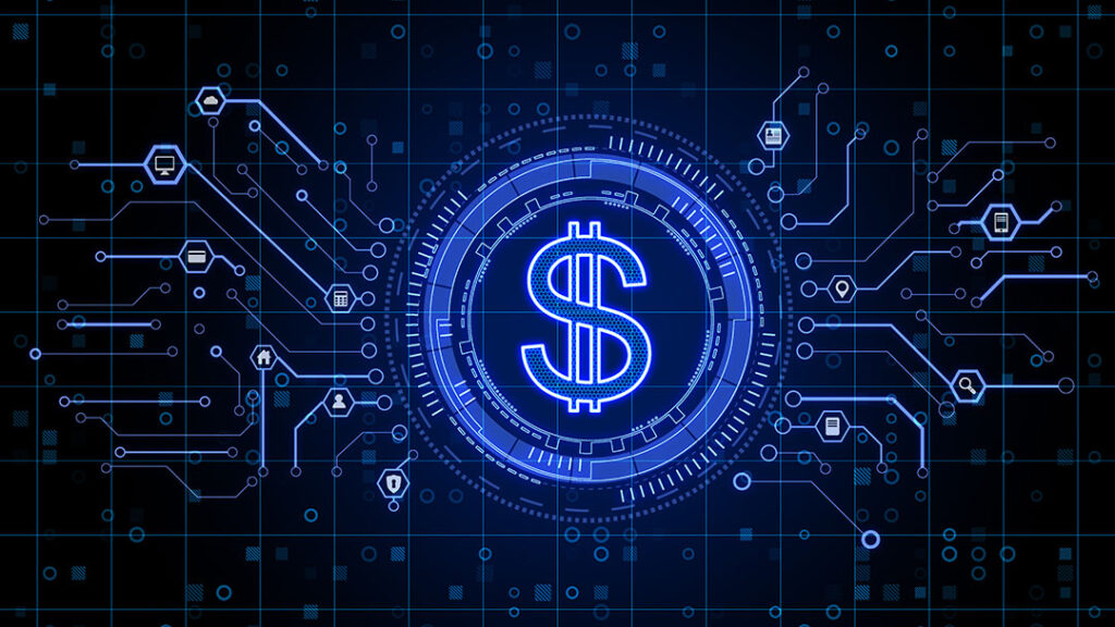 large digital dollar sign surrounded by a circle and various financial icons on a dark black background