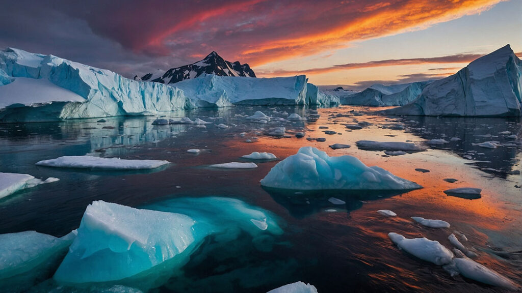 view of ice melting in the arctic with twilight on the horizon and reflecting in the still ocean water