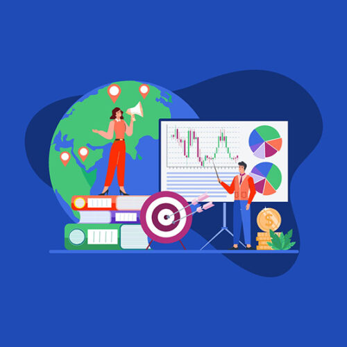 illustration of business man and woman standing in front of a stock price chart for b2b saas ipo