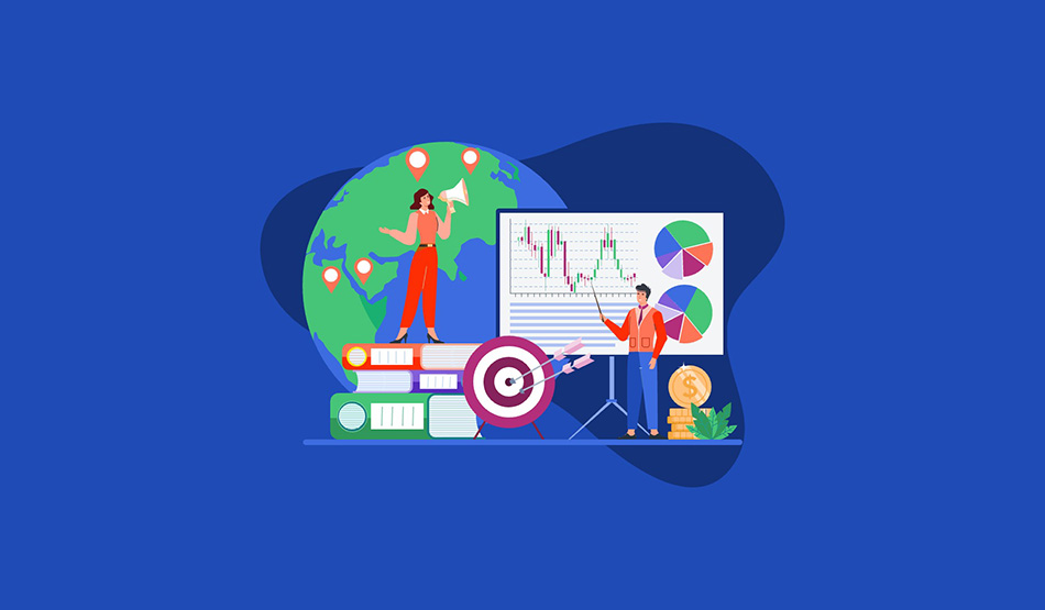 illustration of business man and woman standing in front of a stock price chart for b2b saas ipo