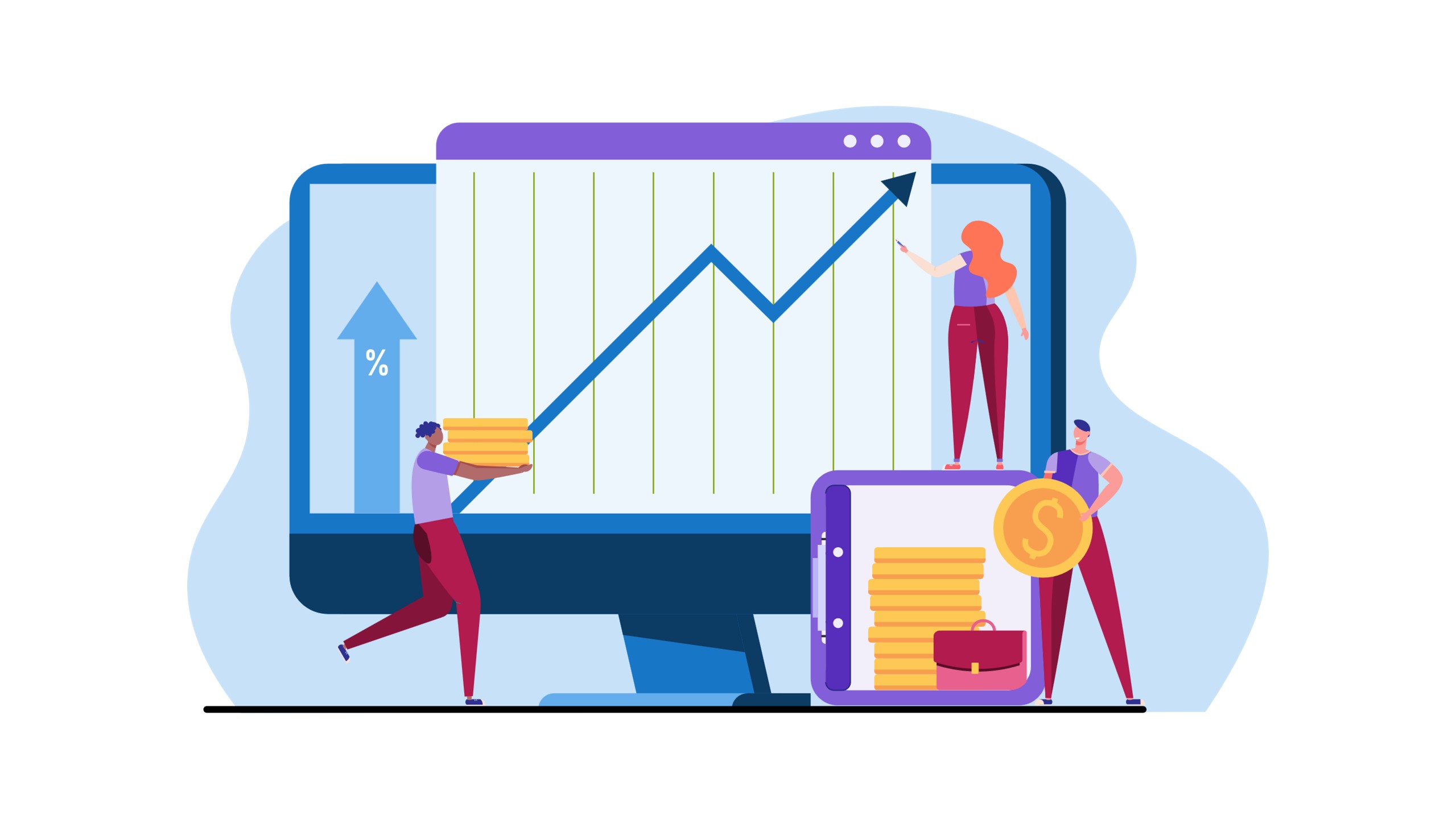 abstract illustration of three business people drawing a graph to represent customer acquisition costs