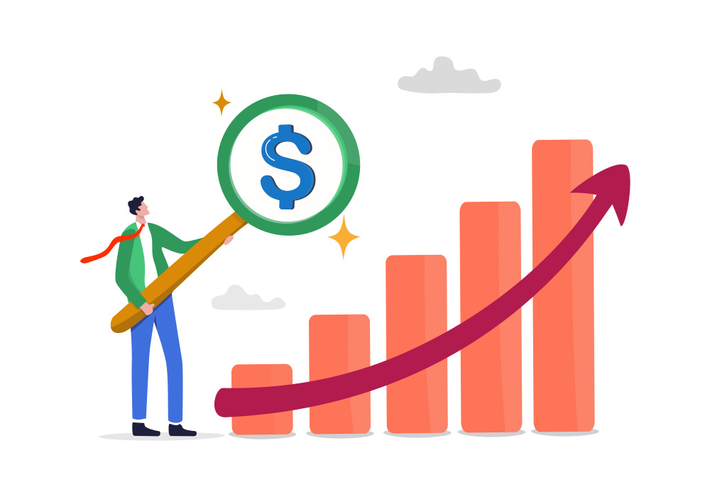 abstract illustration of a sales rep holding up a magnifying glass with a dollar sign and a bar chart below