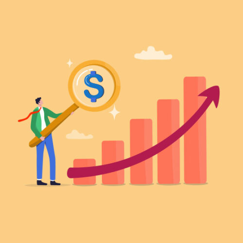 abstract illustration of a sales rep holding a magnifying glass and a bar chart