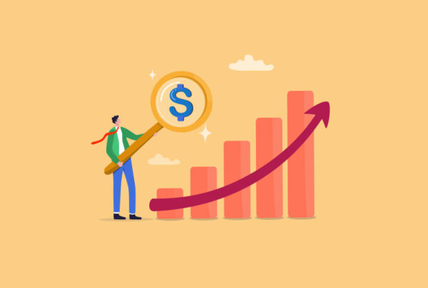 abstract illustration of a sales rep holding a magnifying glass and a bar chart