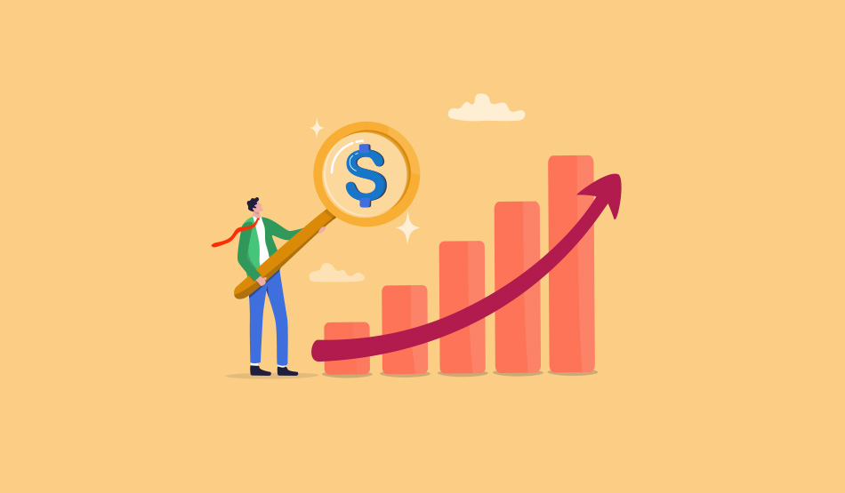 abstract illustration of a sales rep holding a magnifying glass and a bar chart