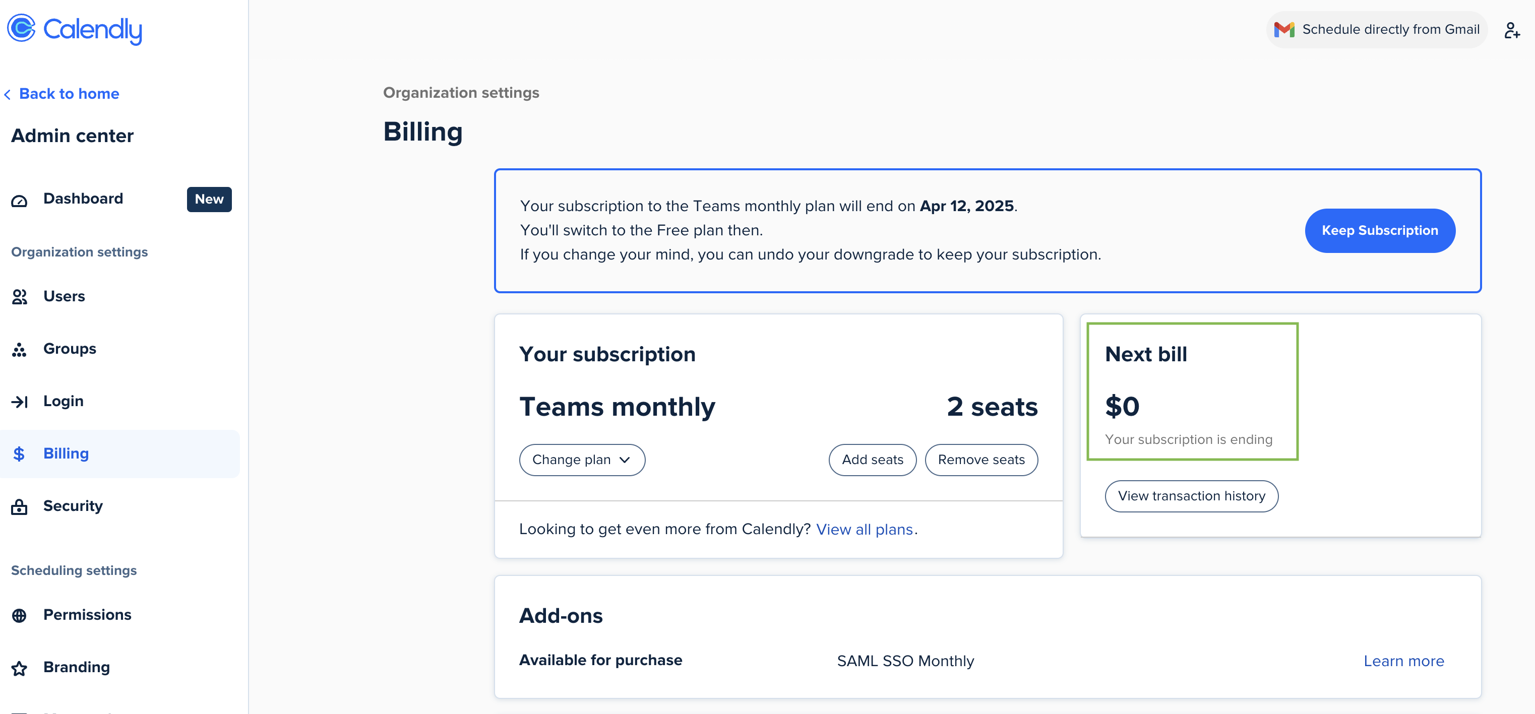 Calendly admin center showing plan cancelled