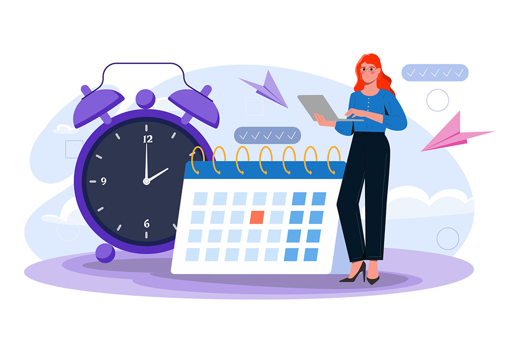 abstract image of woman standing next to calendar and alarm clock