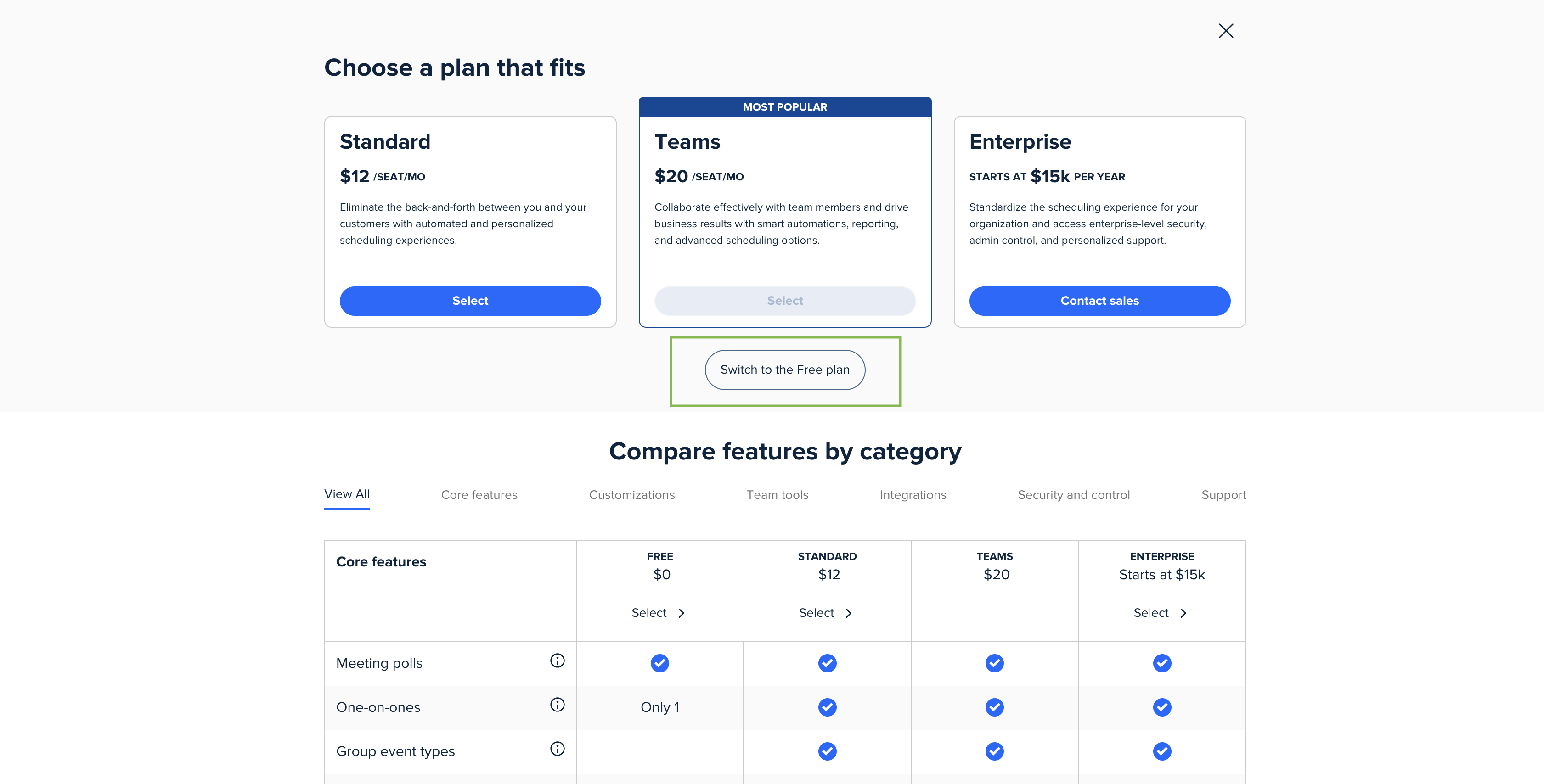 Calendly switch to free plan