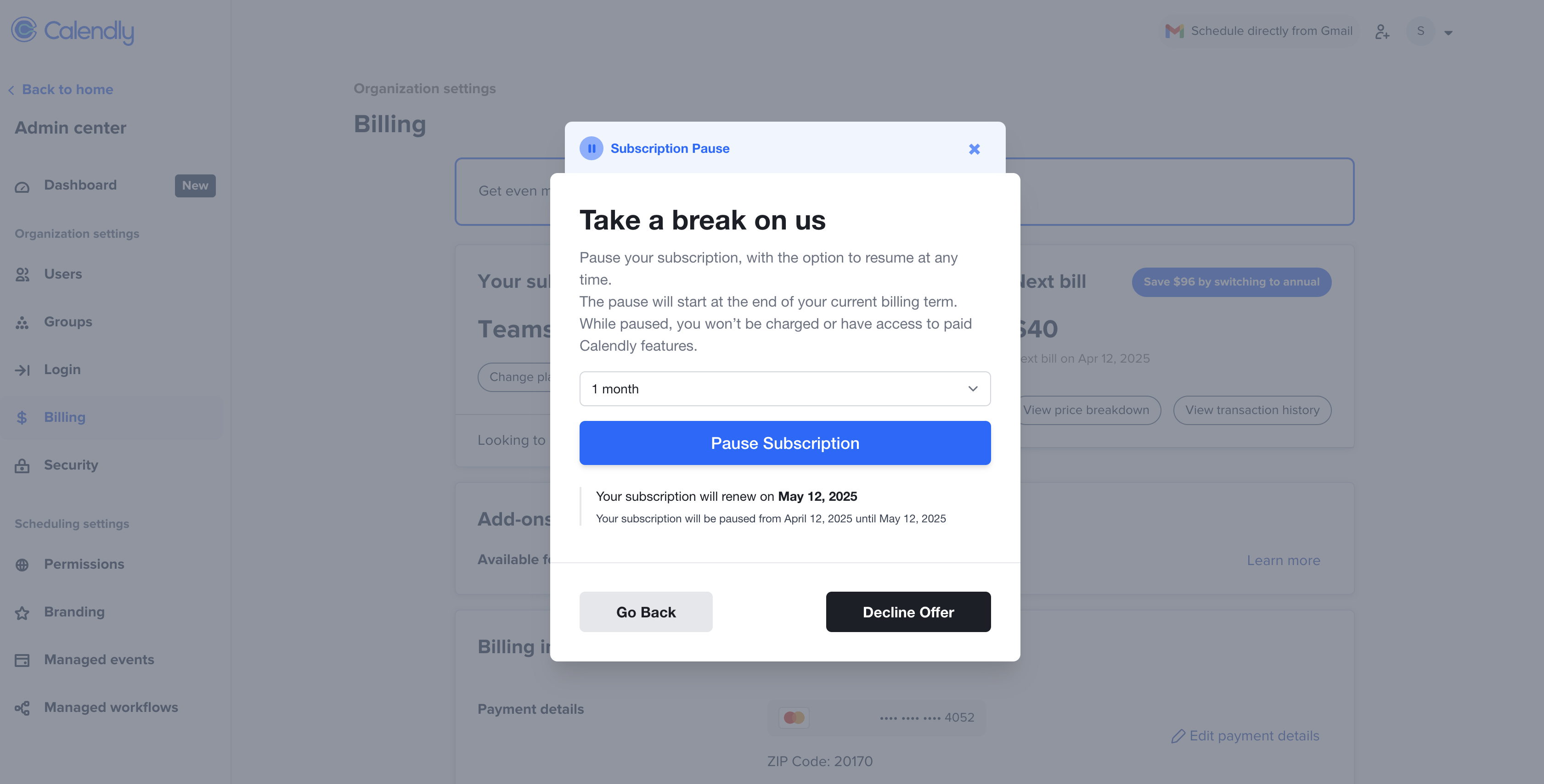 Calendly screen showing option to pause subscription