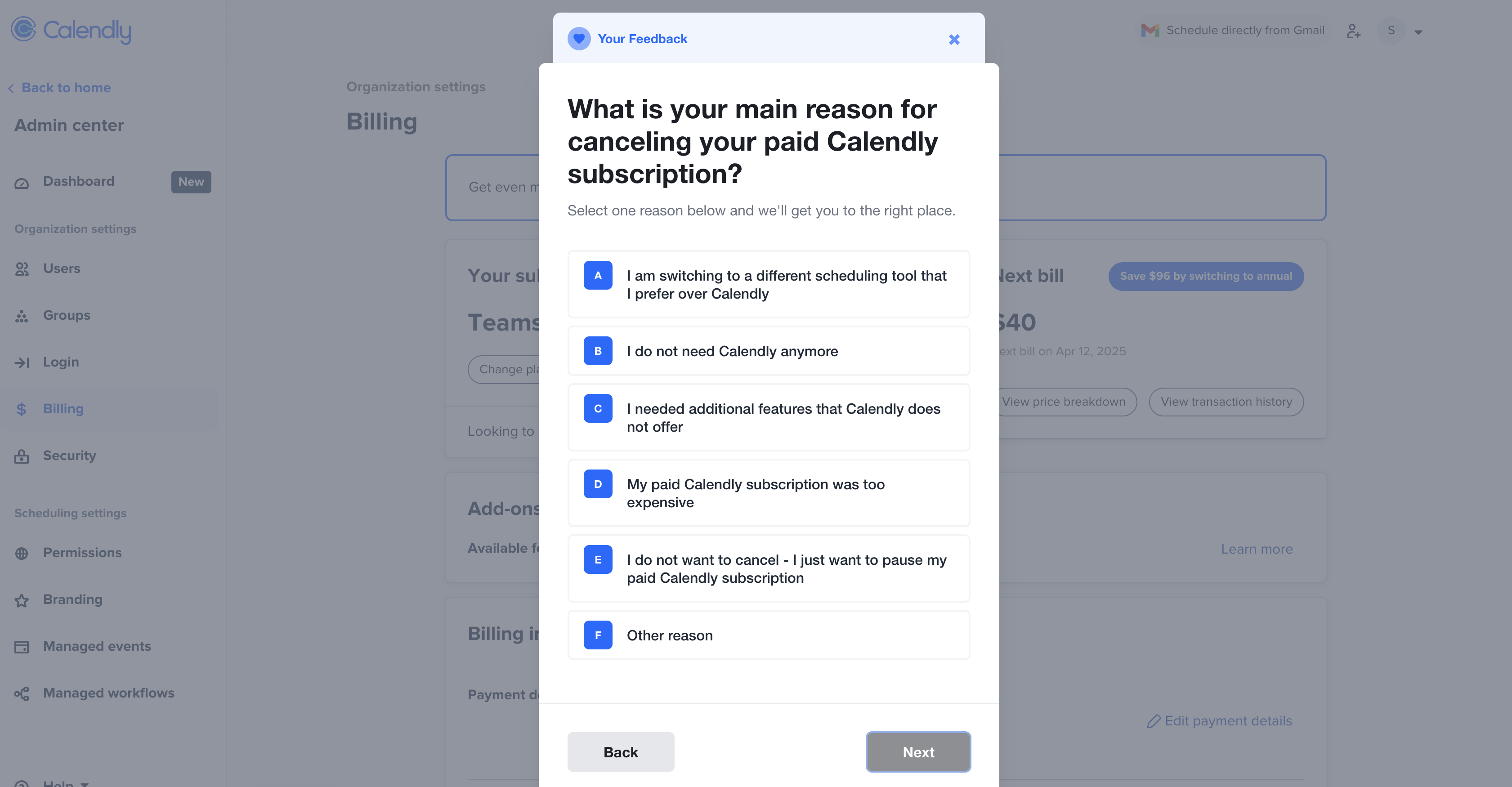Calendly cancellation reason screen