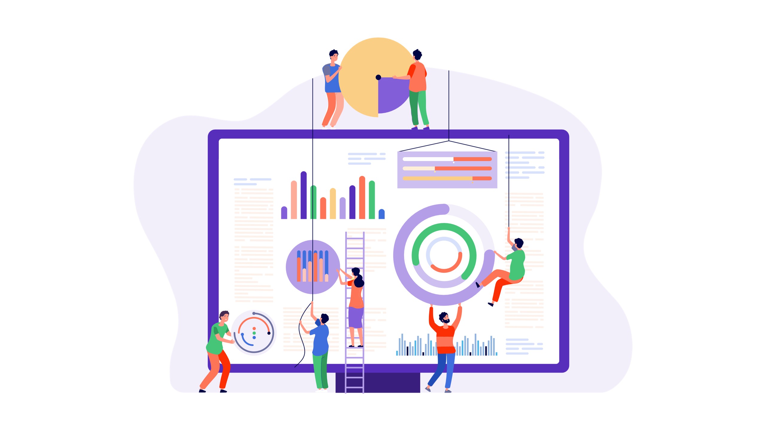 abstract illustration of business people adding financial charts to a large monitor