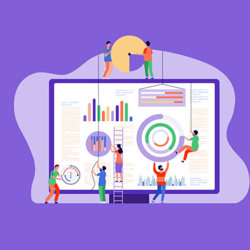 abstract illustration of business people adding financial charts to a large monitor