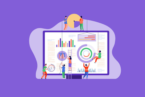 abstract illustration of business people adding financial charts to a large monitor